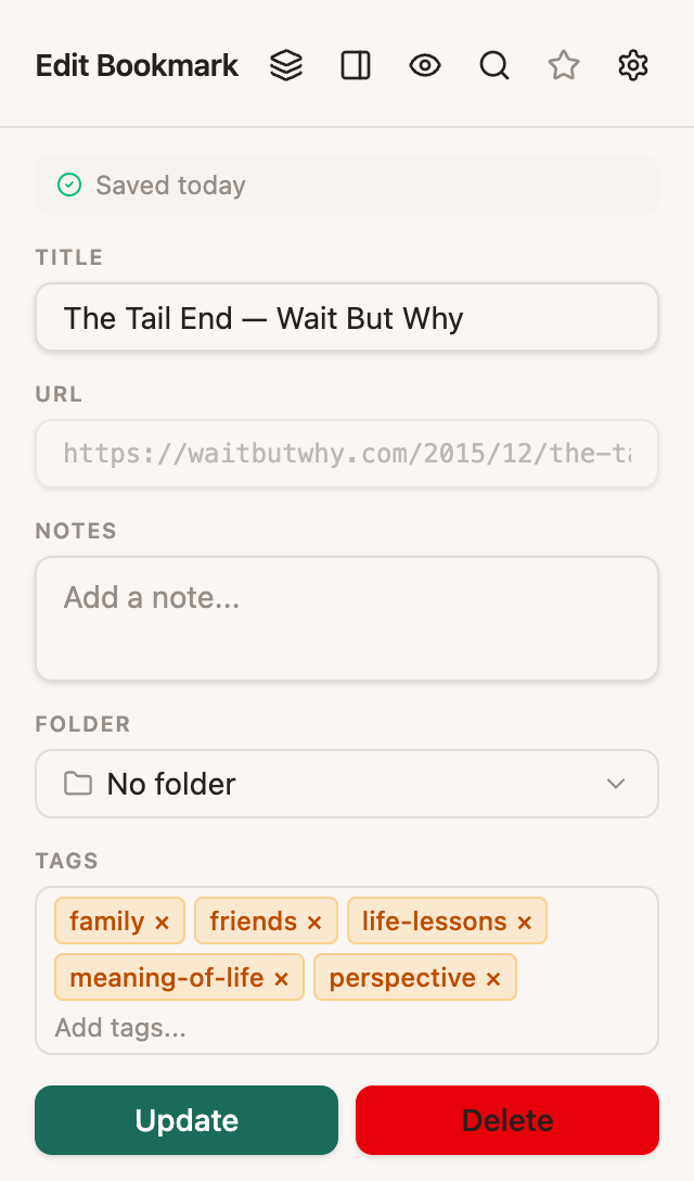 The Stashmark extension popup showing a saved page with its title, notes, folder, and tags