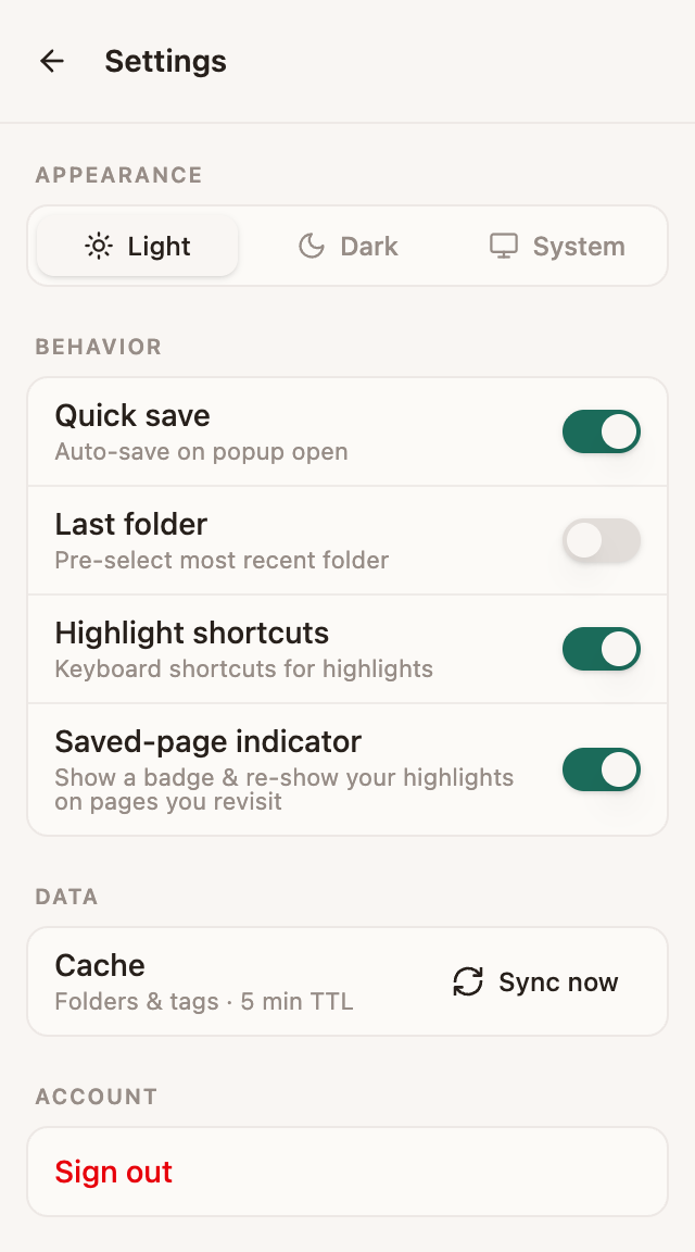 The Stashmark extension settings screen with appearance, behavior, data, and server options