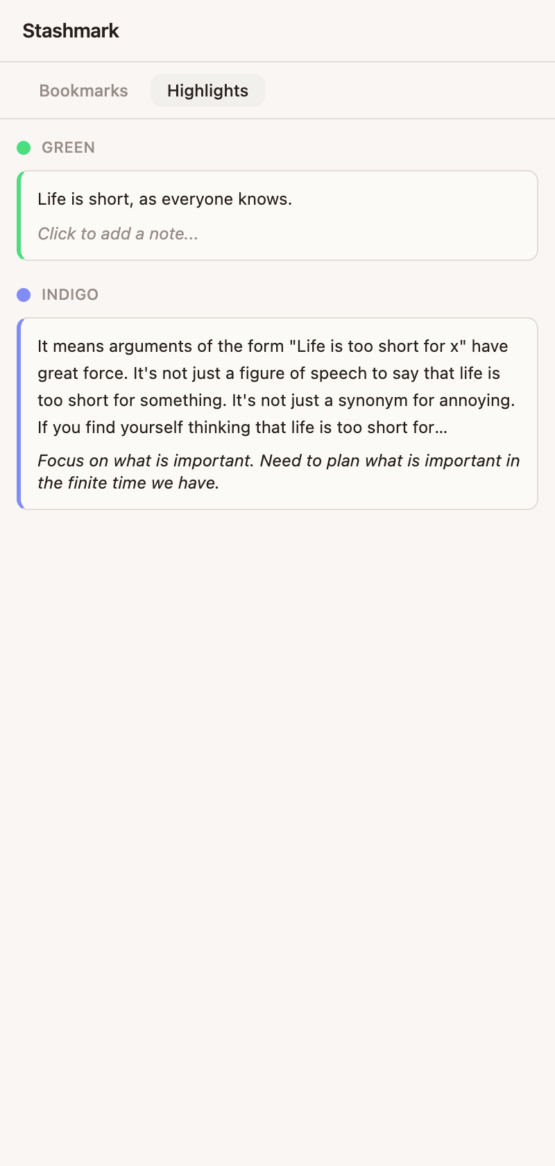 The Stashmark side panel showing highlights saved on the current page