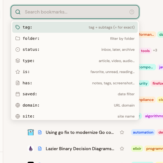 Autocomplete dropdown showing all available search operators