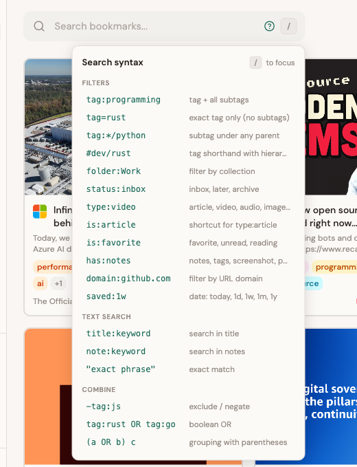 Search syntax help popover showing all operators grouped by category