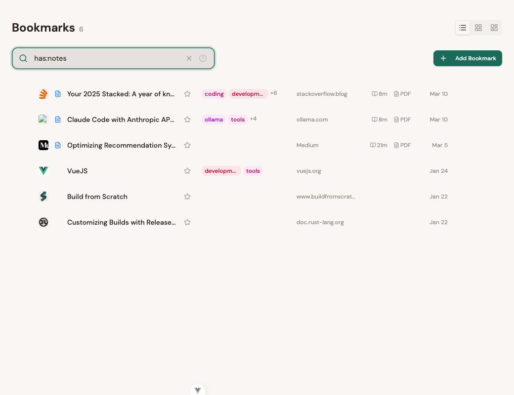 Search results filtered to bookmarks with notes