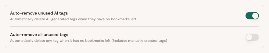 Tag cleanup settings with toggles for automatic removal of unused tags