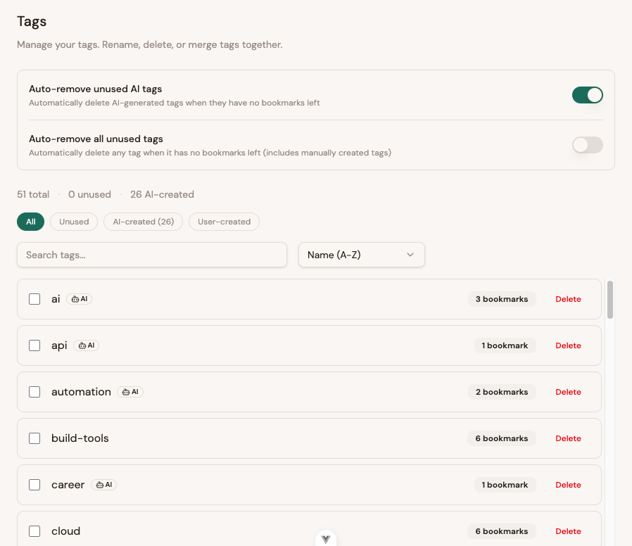 Tag management dashboard showing stats bar, filter pills, and tag list